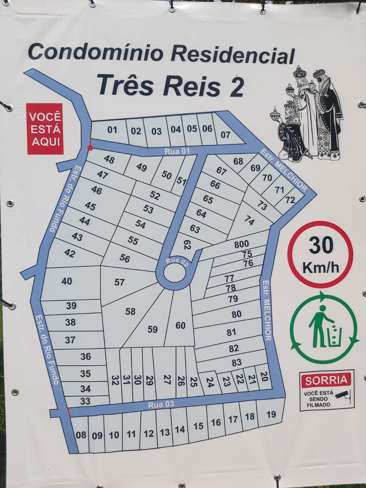Mapa do Condomínio Residencial Três Reis 2 com a numeração das unidades e as ruas internas